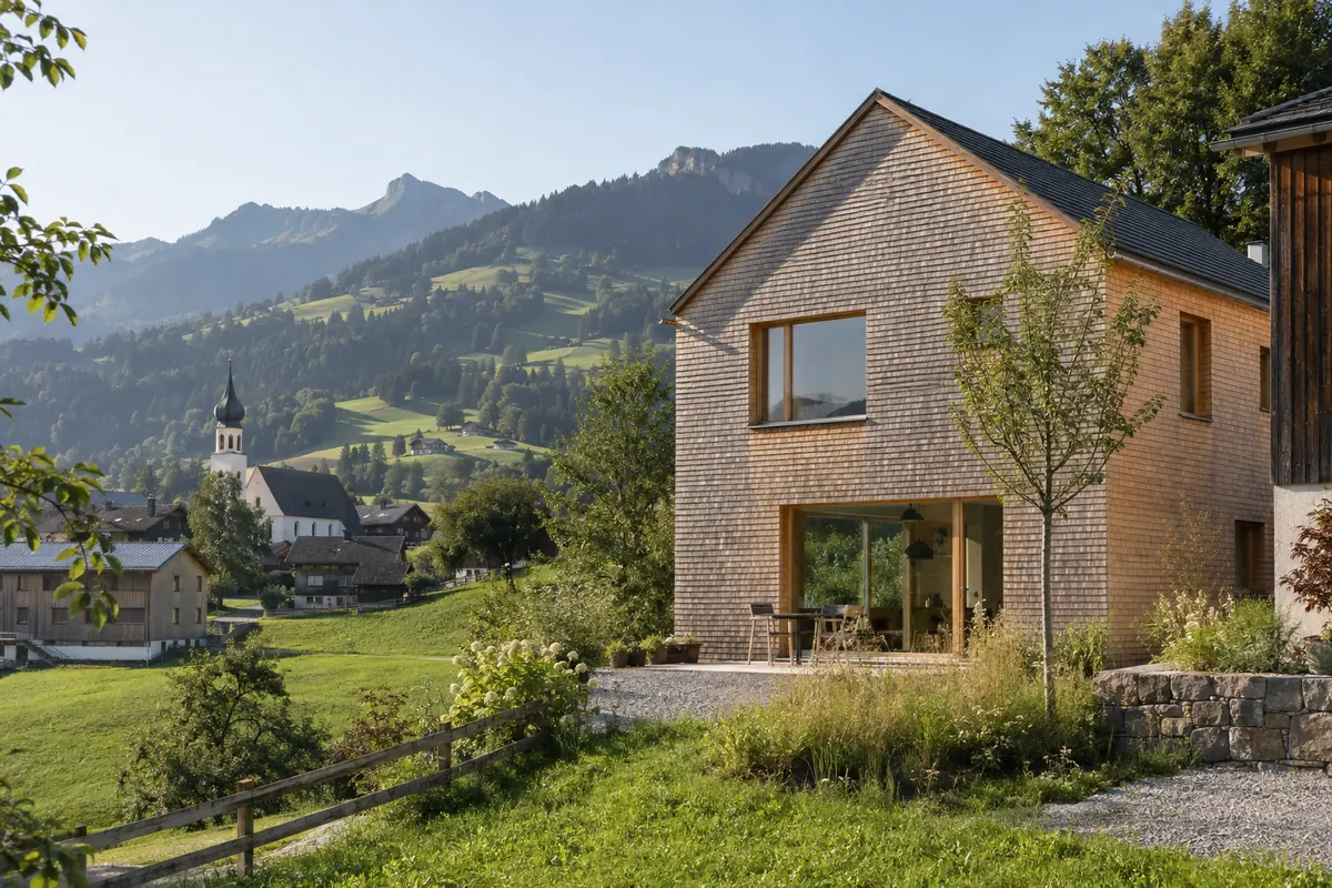 Modernes Holzschindelhaus in einem Vorarlberger Dorf